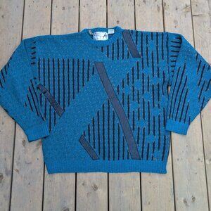 Vintage 80s Nino Foriero by Randy River Teal Geometric Leather Trim Sweater L